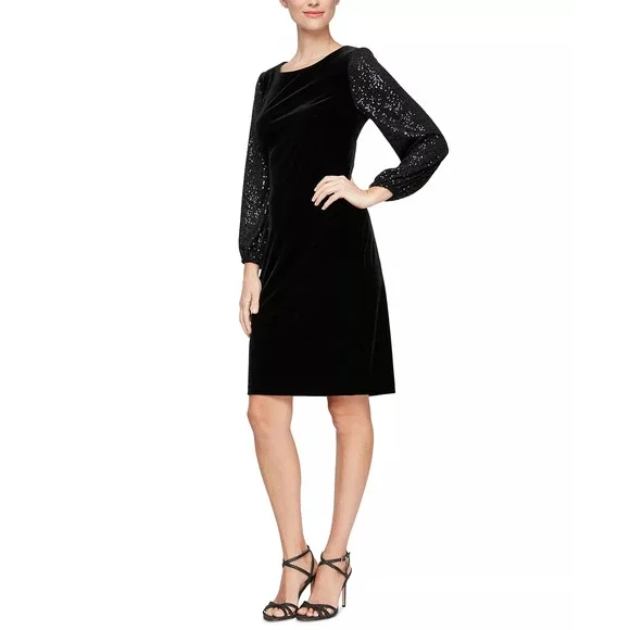 Alex Evenings | Dresses | Alex Evenings Womens Sequinedsleeve Velvet Dress  Size 8 | Poshmark